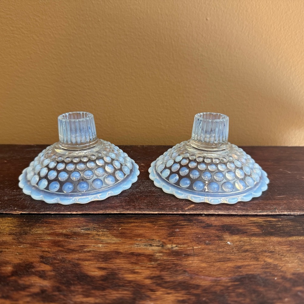 Pair (2) Vintage Opalescent Hobnail Candle Holders Clear‎ Glass Candlestick